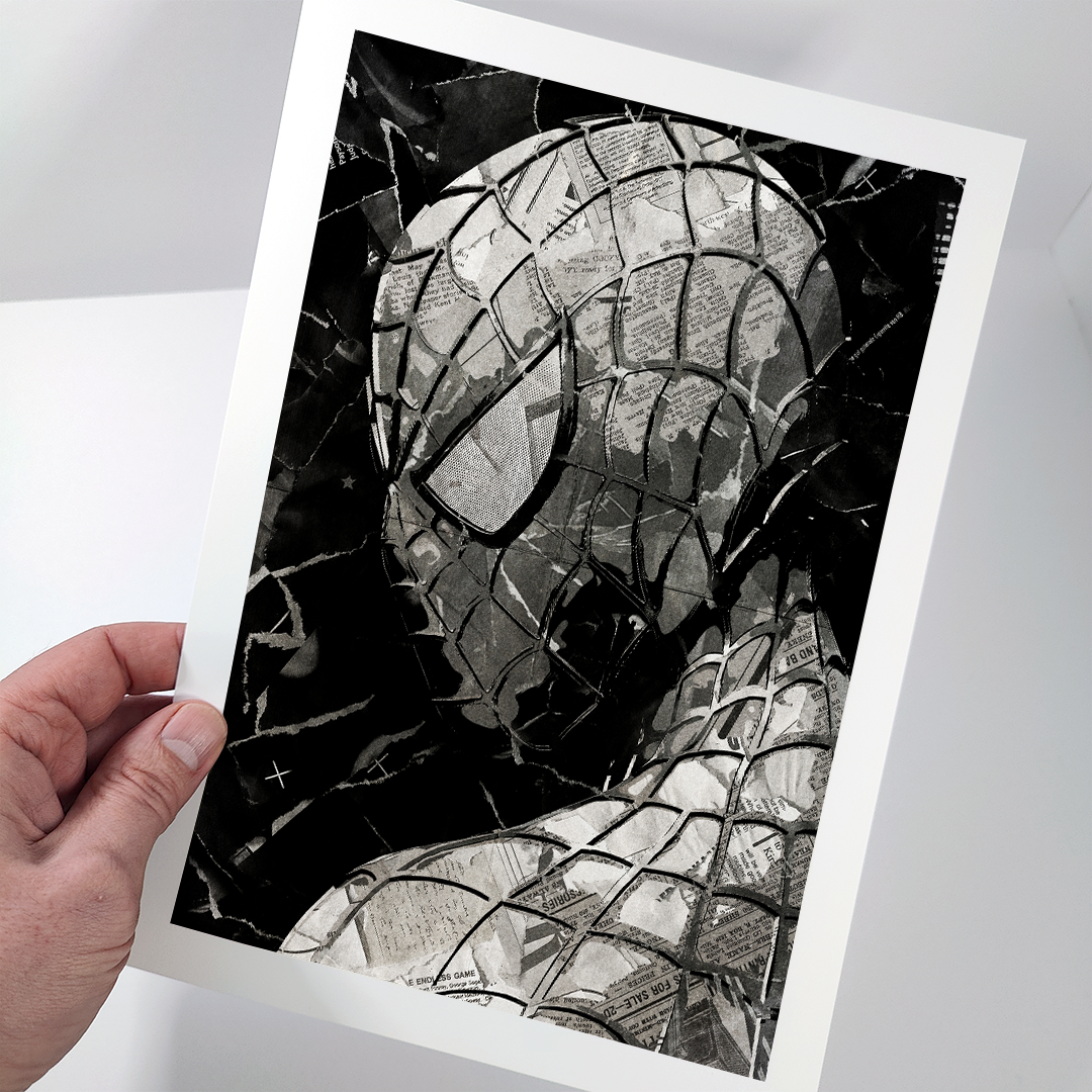 A Spider-Man poster design - a portrait of Spider-Man created using a collage of torn pieces of magazine pages in black and white.