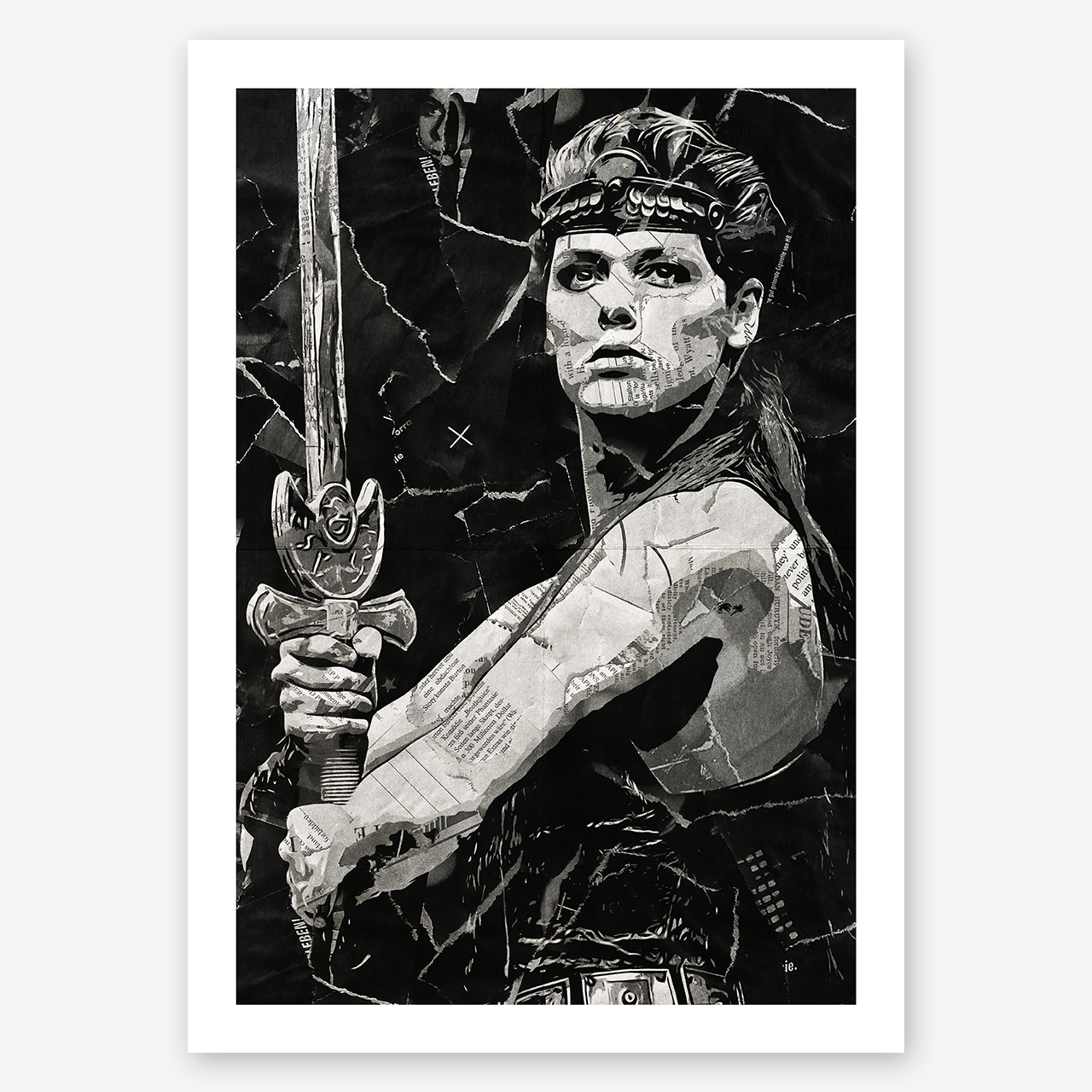 A Red Sonja poster design - a portrait of Red Sonja created using a collage of torn pieces of magazine pages in black and white.