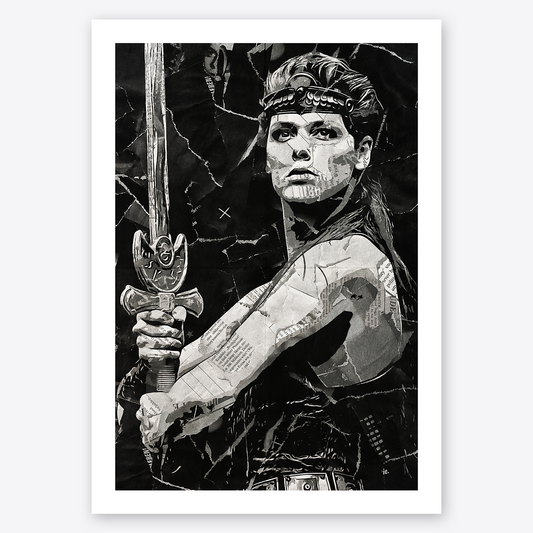 A Red Sonja poster design - a portrait of Red Sonja created using a collage of torn pieces of magazine pages in black and white.