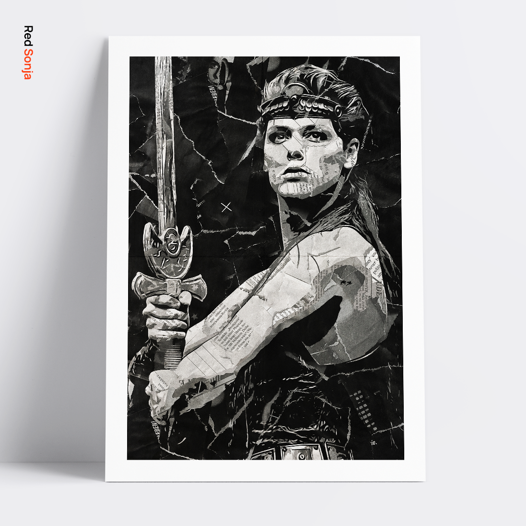 A Red Sonja poster design - a portrait of Red Sonja created using a collage of torn pieces of magazine pages in black and white.