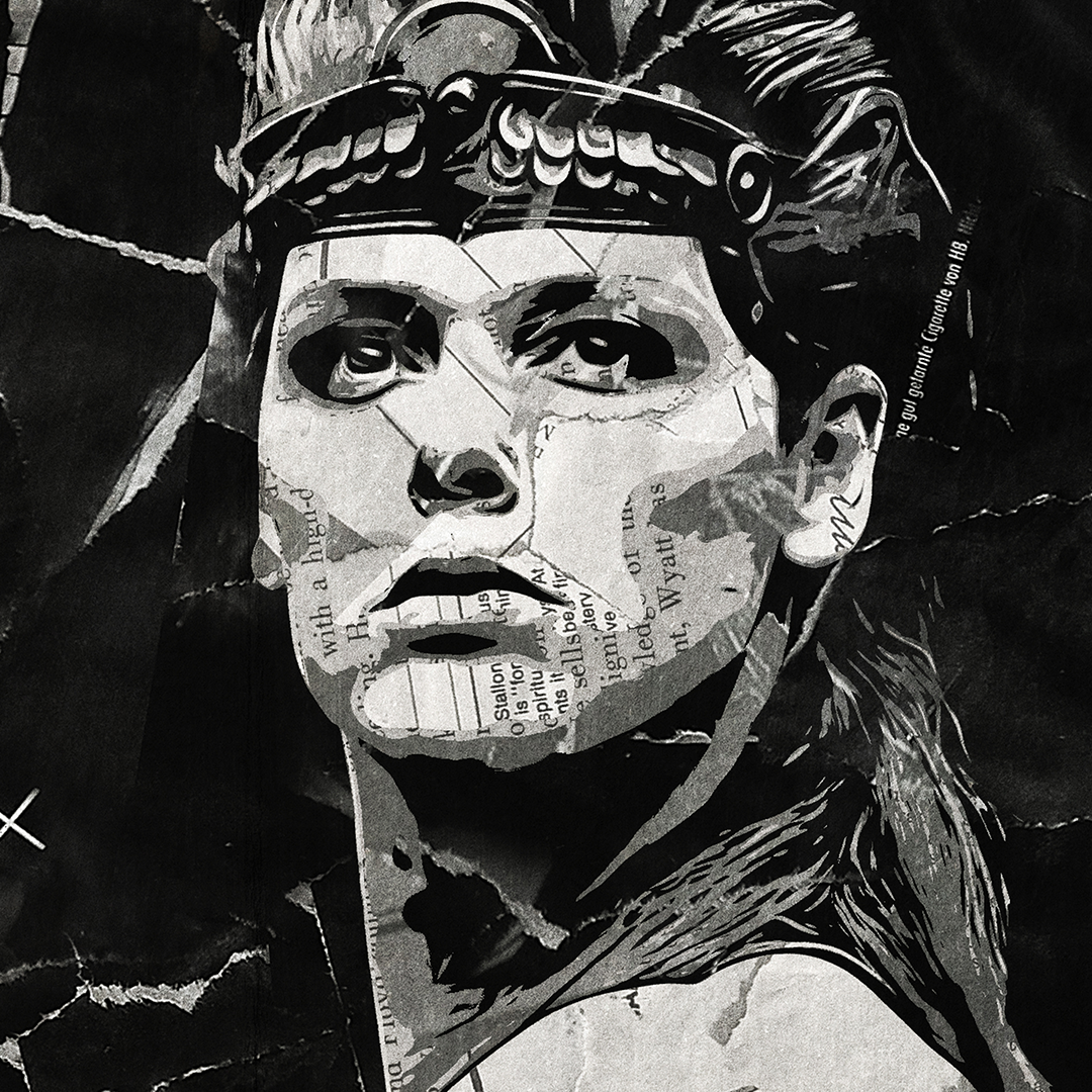 A Red Sonja poster design - a portrait of Red Sonja created using a collage of torn pieces of magazine pages in black and white.