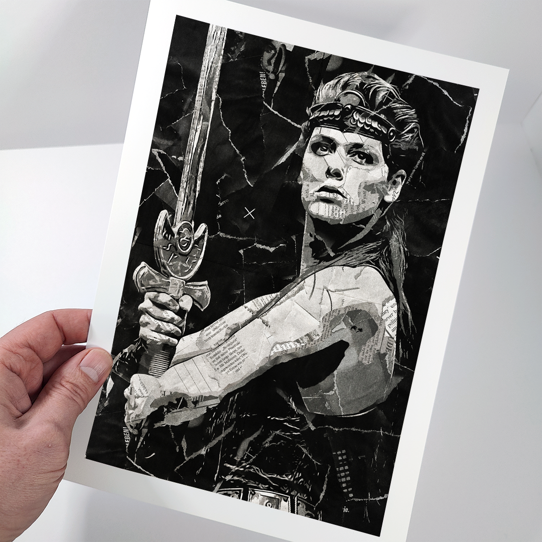 A Red Sonja poster design - a portrait of Red Sonja created using a collage of torn pieces of magazine pages in black and white.