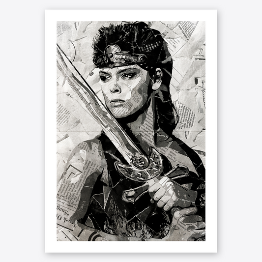A Red Sonja poster design - a portrait of Red Sonja created using a collage of torn pieces of magazine pages in black and white.