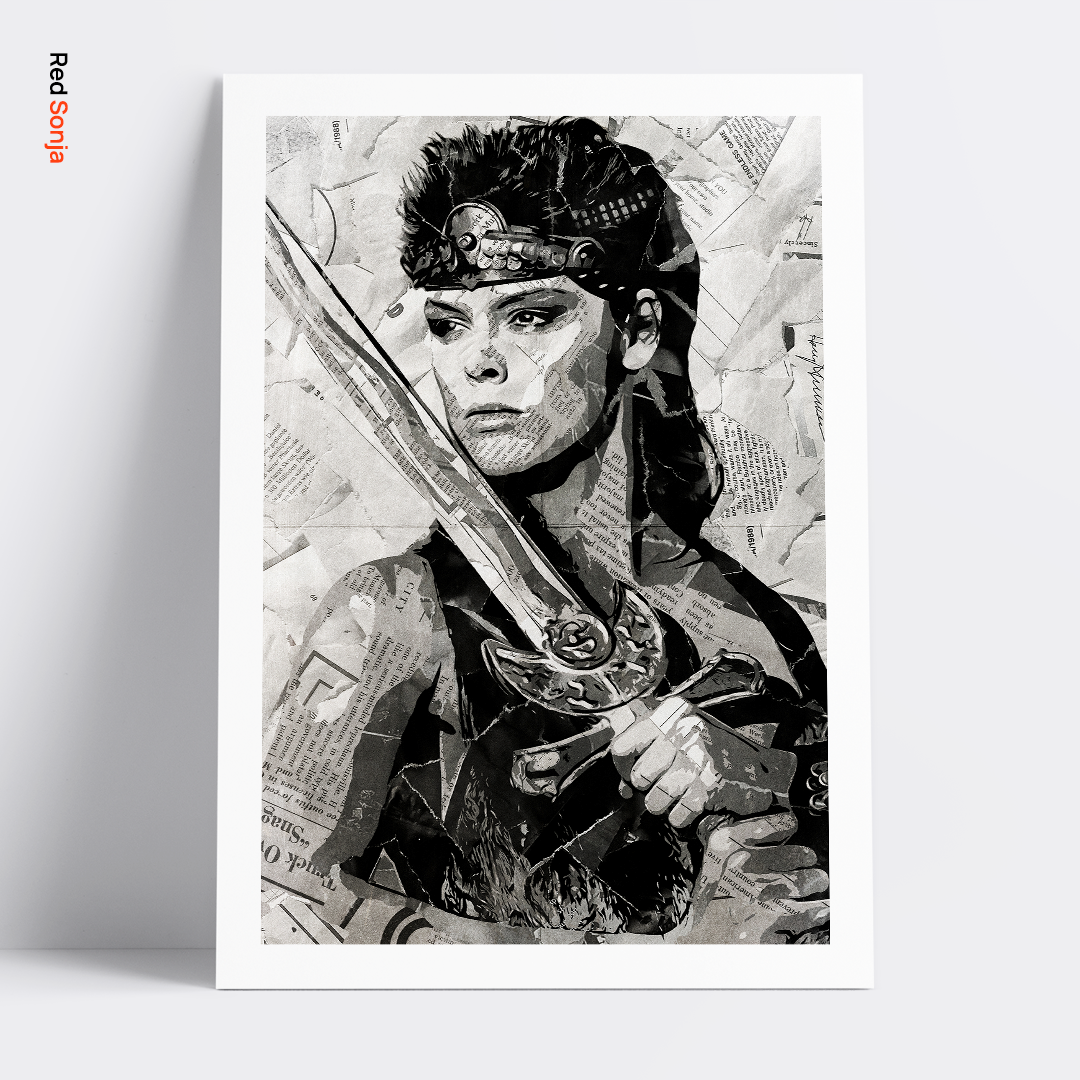 A Red Sonja poster design - a portrait of Red Sonja created using a collage of torn pieces of magazine pages in black and white.