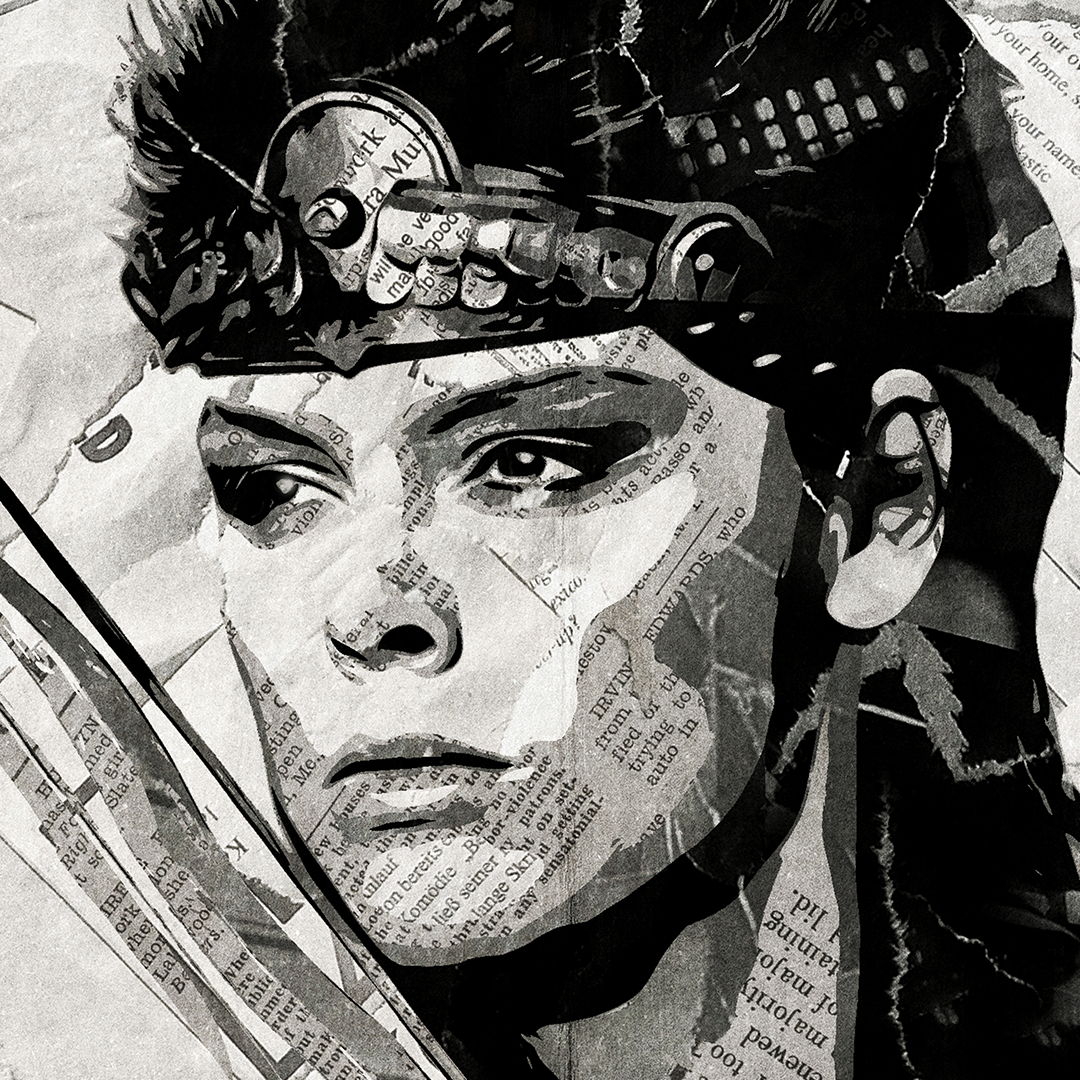 A Red Sonja poster design - a portrait of Red Sonja created using a collage of torn pieces of magazine pages in black and white.