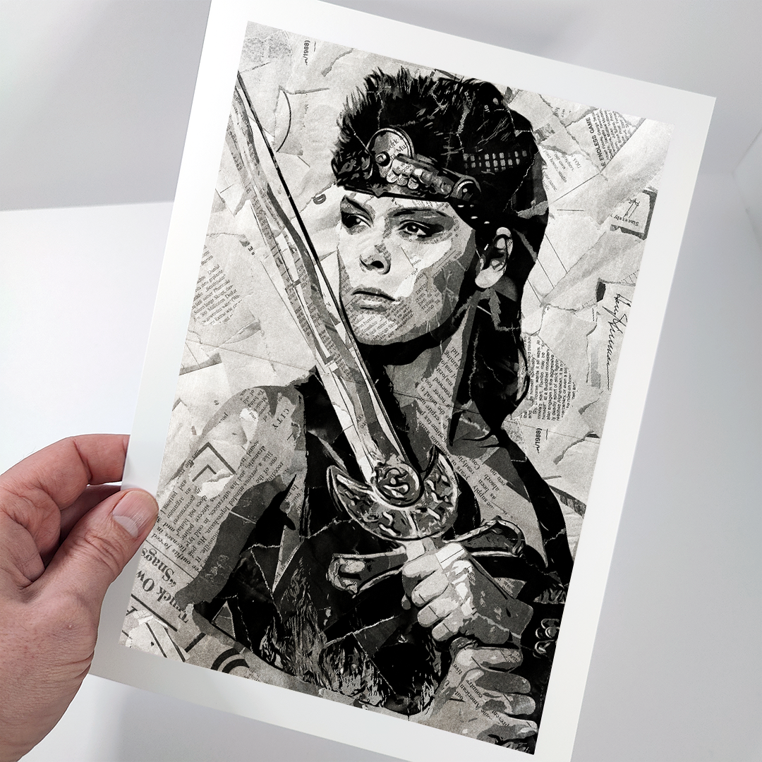 A Red Sonja poster design - a portrait of Red Sonja created using a collage of torn pieces of magazine pages in black and white.
