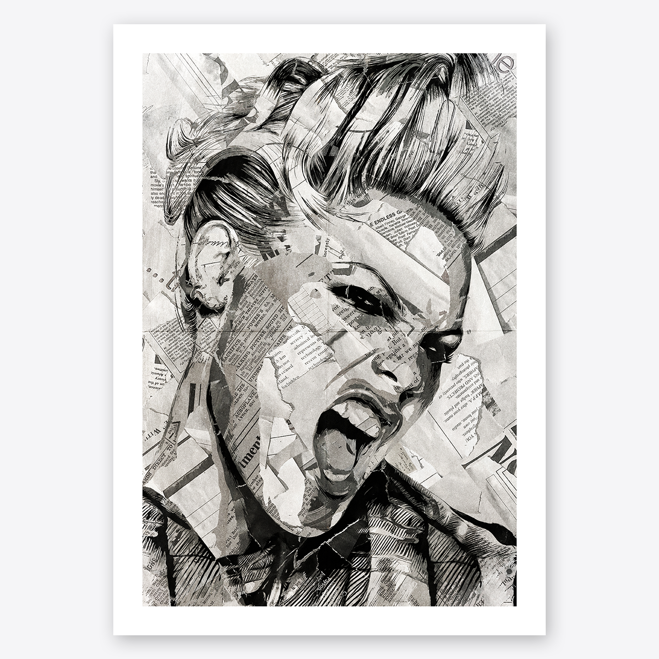 A P!nk poster design - a portrait of P!nk created using a collage of torn pieces of magazine pages in black and white.