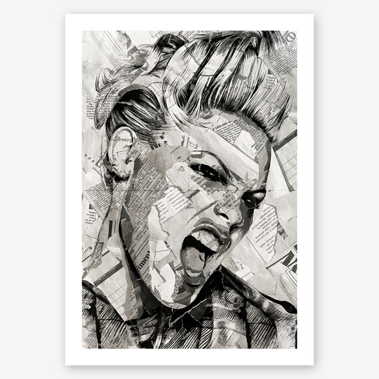 A P!nk poster design - a portrait of P!nk created using a collage of torn pieces of magazine pages in black and white.