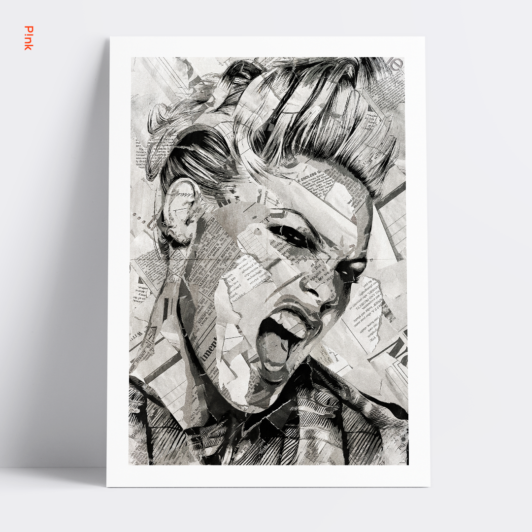 A P!nk poster design - a portrait of P!nk created using a collage of torn pieces of magazine pages in black and white.