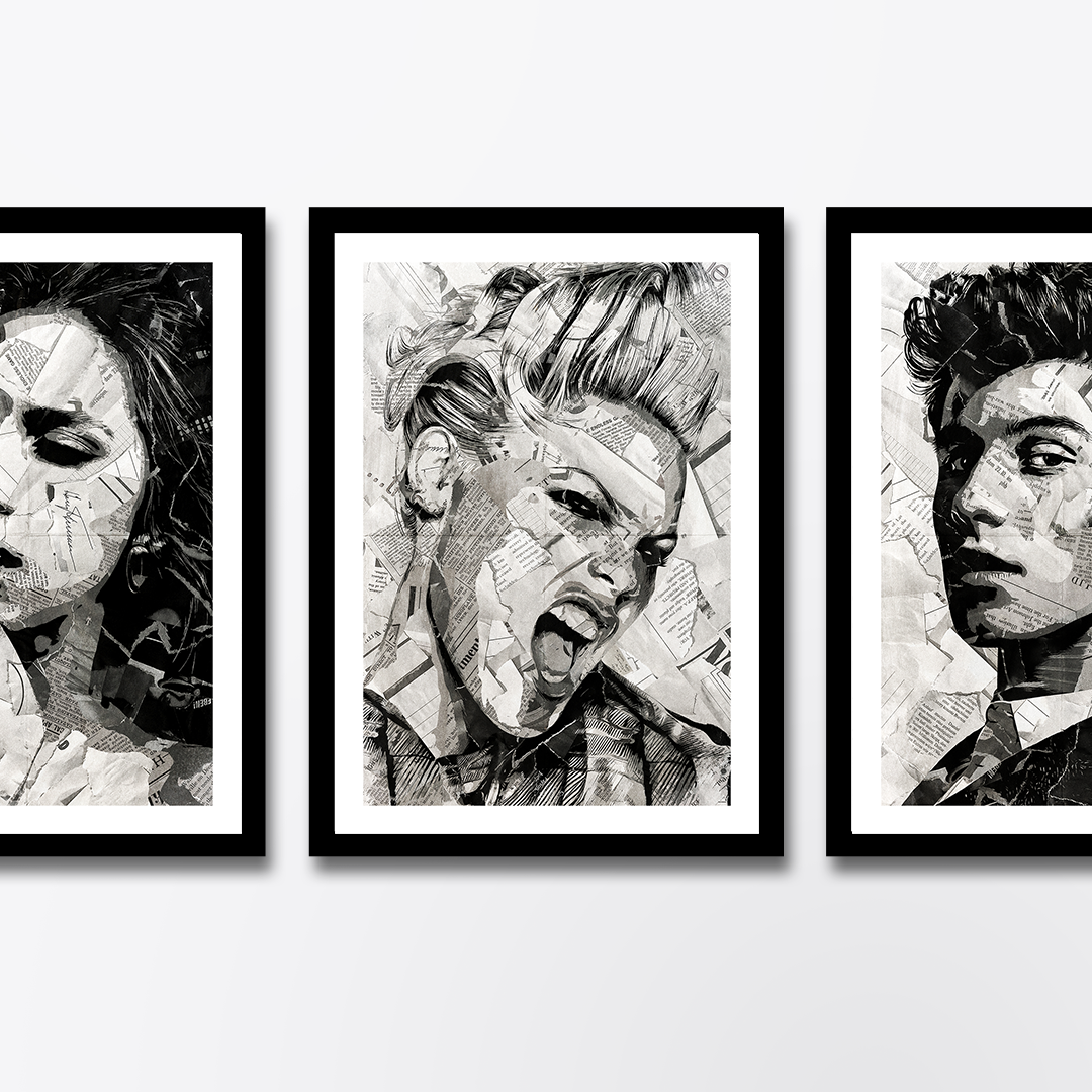 A P!nk poster design - a portrait of P!nk created using a collage of torn pieces of magazine pages in black and white.