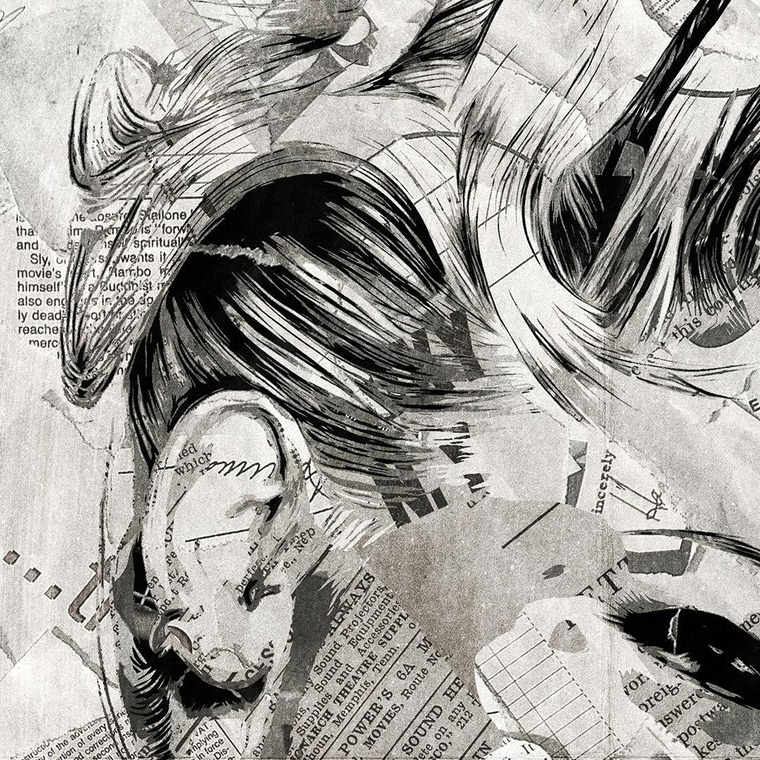 A P!nk poster design - a portrait of P!nk created using a collage of torn pieces of magazine pages in black and white.