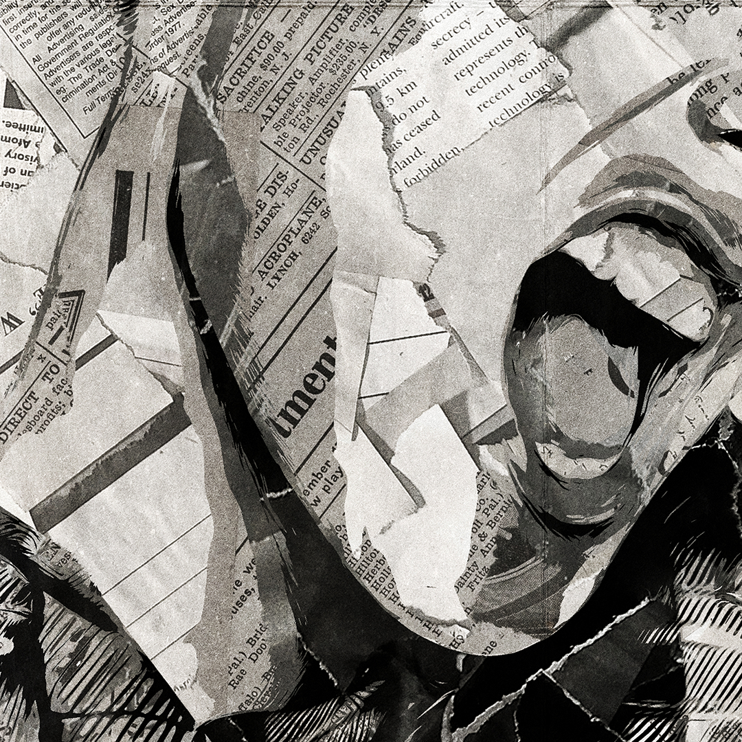 A P!nk poster design - a portrait of P!nk created using a collage of torn pieces of magazine pages in black and white.