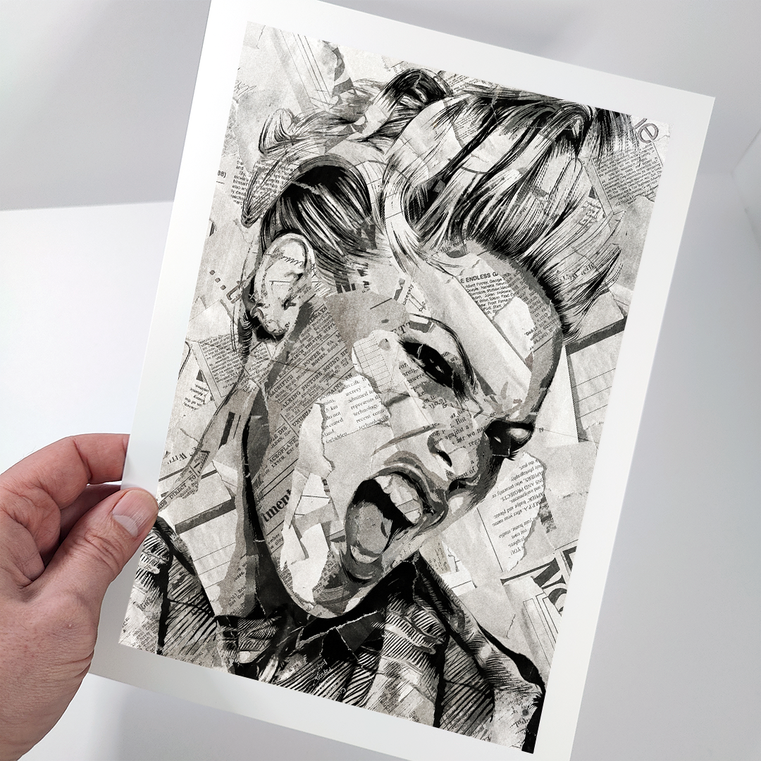 A P!nk poster design - a portrait of P!nk created using a collage of torn pieces of magazine pages in black and white.