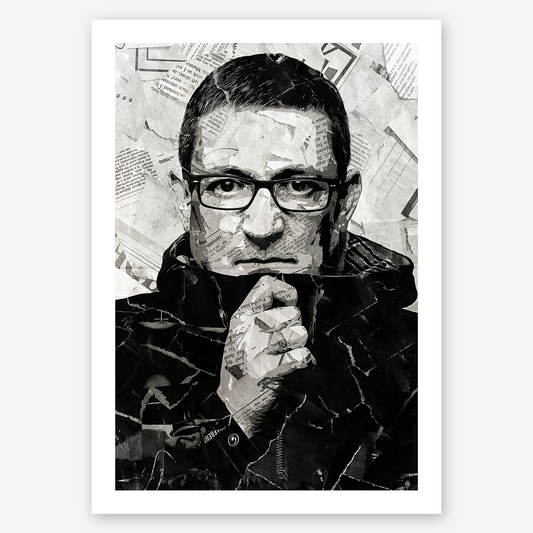 A Paul Heaton poster design - a portrait of Paul Heaton created using a collage of torn pieces of magazine pages in black and white.