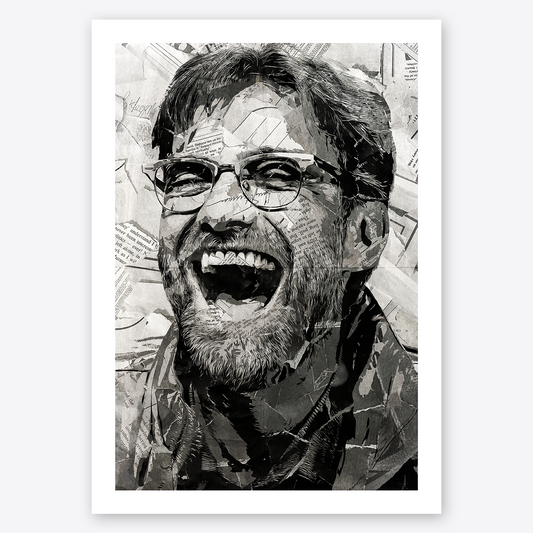 A Jürgen Klopp poster design - a portrait of Jürgen Klopp created using a collage of torn pieces of magazine pages in black and white.