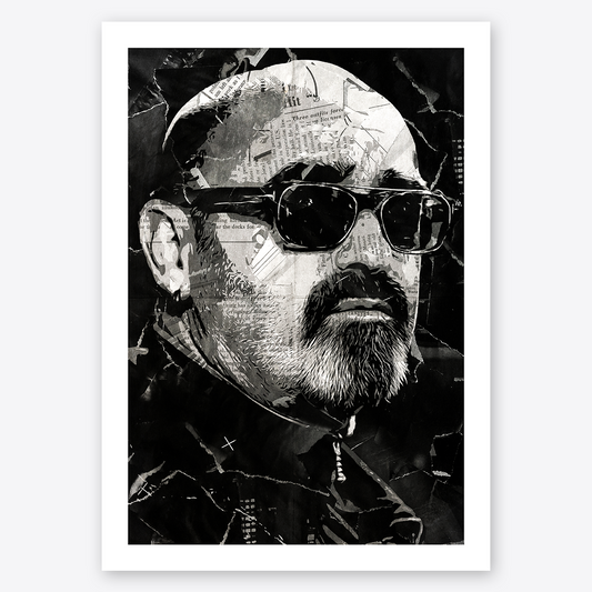 A Bonehead poster design - a portrait of Paul 'Bonehead' Arthurs created using a collage of torn pieces of magazine pages in black and white.