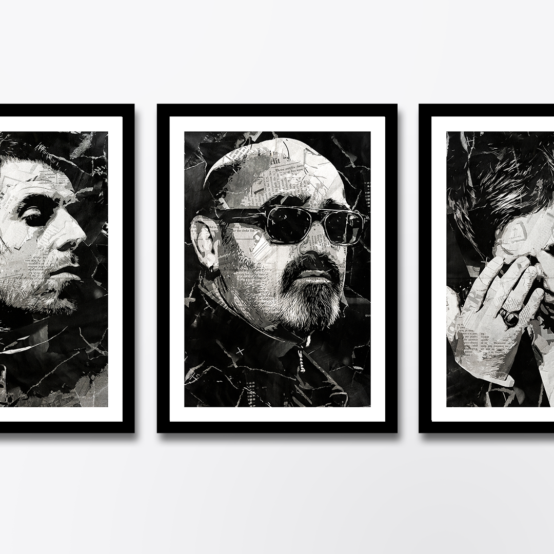 A Bonehead poster design - a portrait of Paul 'Bonehead' Arthurs created using a collage of torn pieces of magazine pages in black and white.