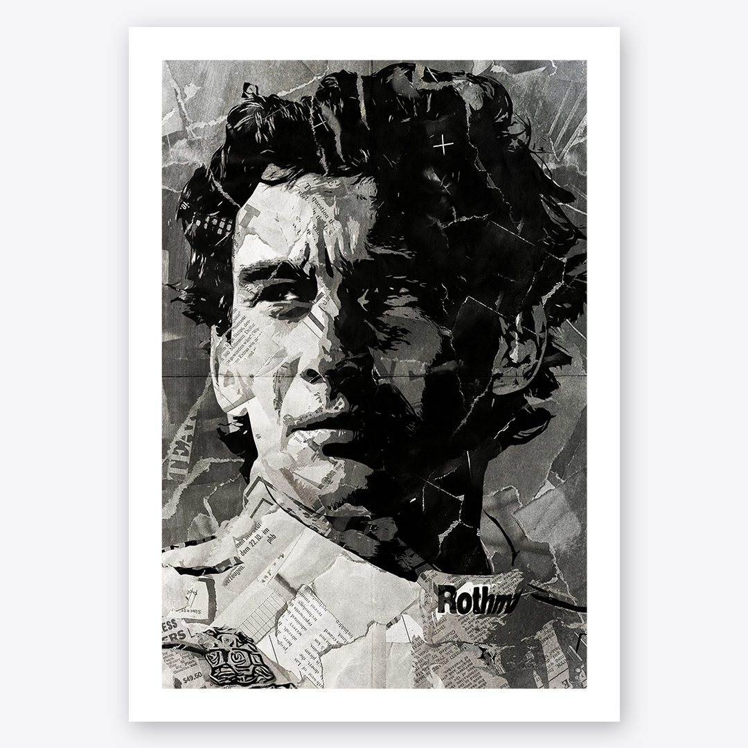 An Ayrton Senna poster design - a portrait of Senna made using a collage of torn pieces of magazine pages in black and white.
