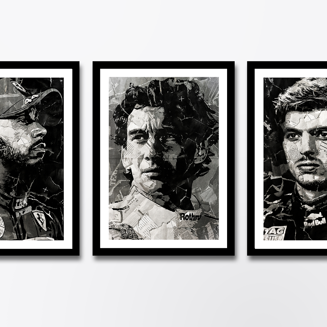 An Ayrton Senna poster design - a portrait of Senna made using a collage of torn pieces of magazine pages in black and white.