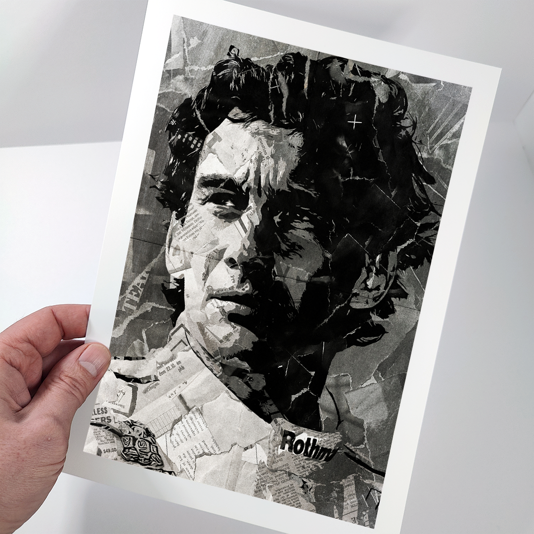 An Ayrton Senna poster design - a portrait of Senna made using a collage of torn pieces of magazine pages in black and white.