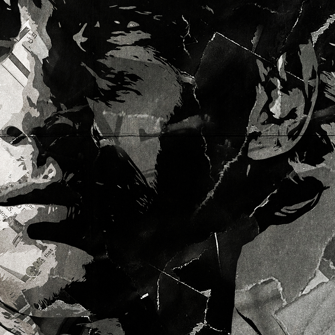 An Ayrton Senna poster design - a portrait of Senna made using a collage of torn pieces of magazine pages in black and white.