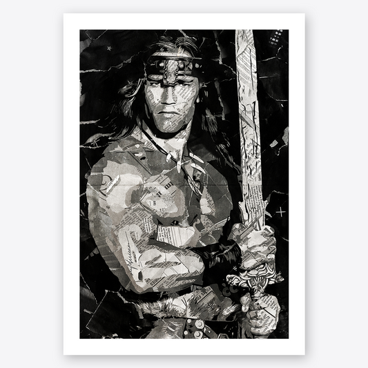 A Conan / Arnold Schwarzenegger poster design - a portrait of Conan made using a collage of torn pieces of magazine pages in black and white.