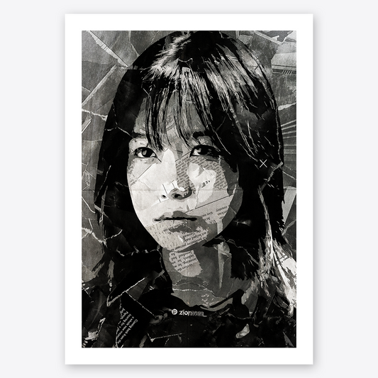 A Player 222 (Squid Game) poster design - a portrait of Player 222 created using a collage of torn pieces of magazine pages in black and white.