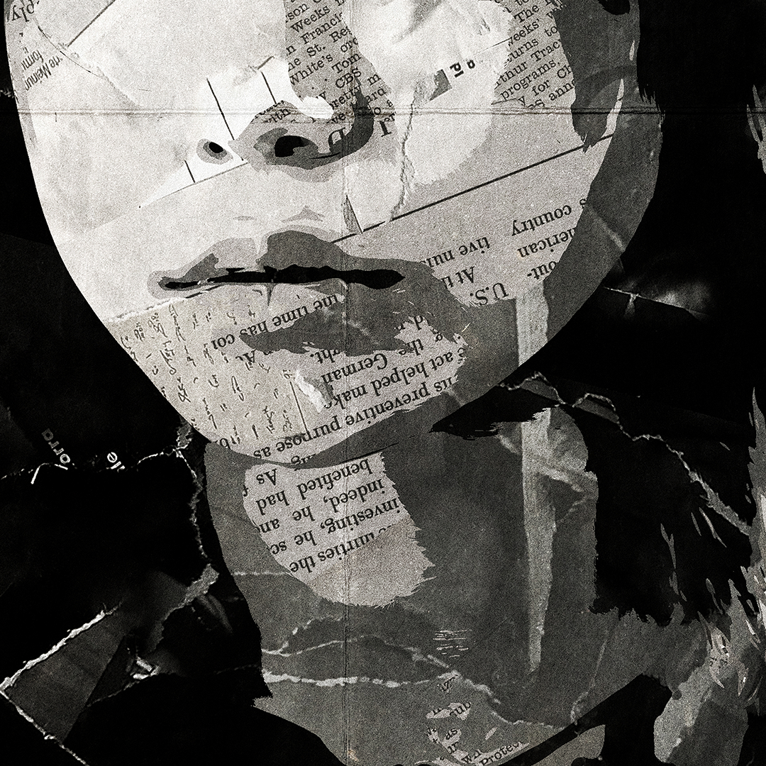 A Player 222 (Squid Game) poster design - a portrait of Player 222 created using a collage of torn pieces of magazine pages in black and white.