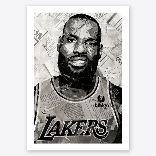 A LeBron James poster design - a portrait of LeBron James created using a collage of torn pieces of magazine pages in black and white.