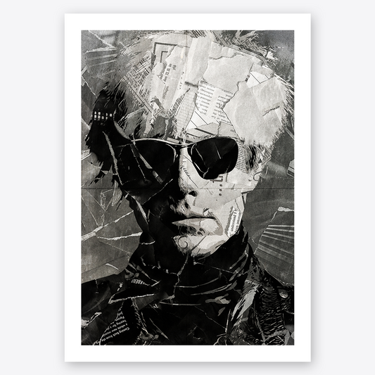 An Andy Warhol poster design - a portrait of Andy made using a collage of torn pieces of magazine pages in black and white.