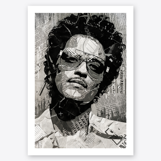 A Bruno Mars poster design - a portrait of Bruno made using a collage of torn pieces of magazine pages in black and white.