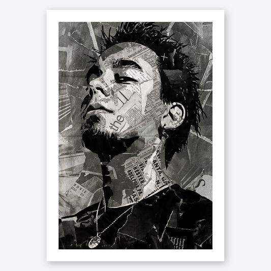 A Mike Shinoda (Linkin Park) poster design - a portrait of Mike Shinoda created using a collage of torn pieces of magazine pages in black and white.