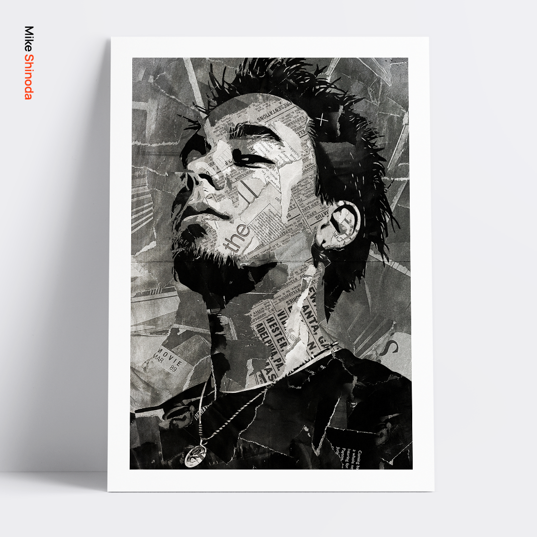 A Mike Shinoda (Linkin Park) poster design - a portrait of Mike Shinoda created using a collage of torn pieces of magazine pages in black and white.