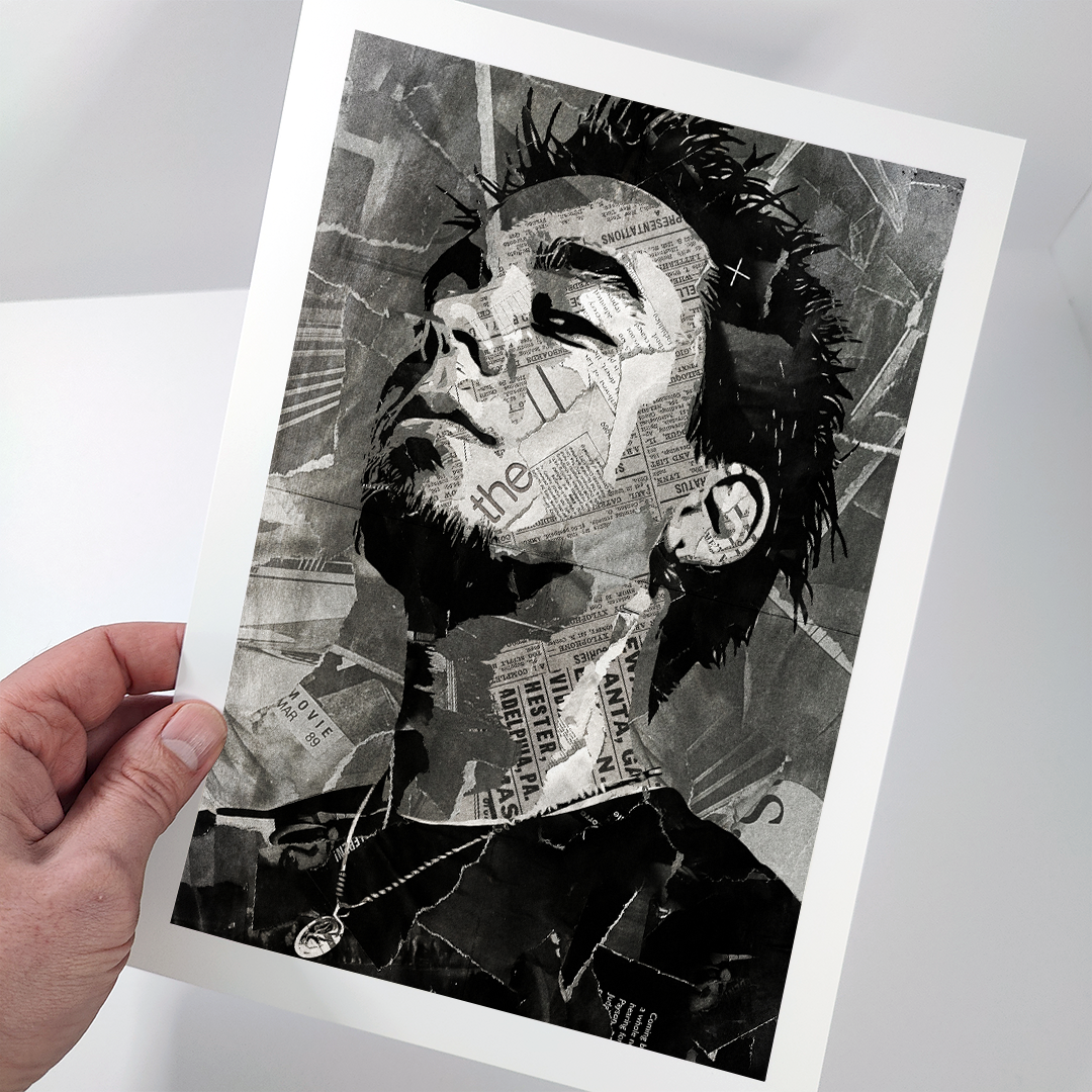 A Mike Shinoda (Linkin Park) poster design - a portrait of Mike Shinoda created using a collage of torn pieces of magazine pages in black and white.