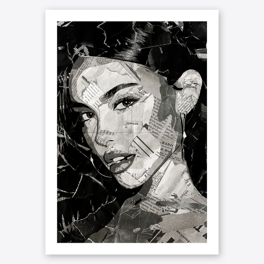 A Madison Beer poster design - a portrait of Madison Beer created using a collage of torn pieces of magazine pages in black and white.