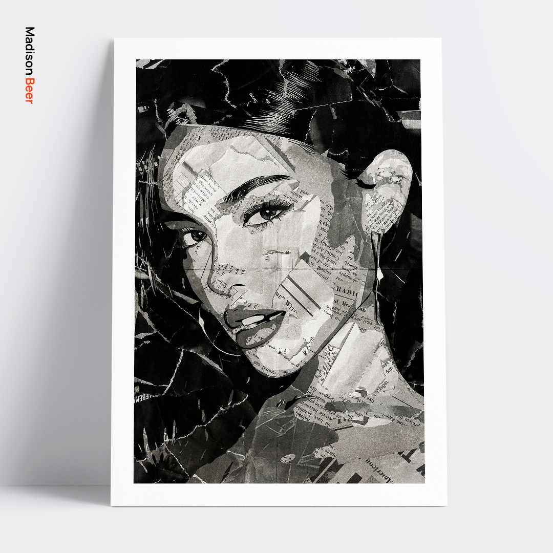A Madison Beer poster design - a portrait of Madison Beer created using a collage of torn pieces of magazine pages in black and white.