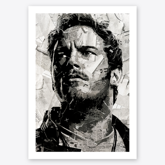 A poster design of Peter Quill / Star Lord as played by Chris Pratt in Guardians of the Galaxy -  created using a collage of torn pieces of magazine pages in black and white.