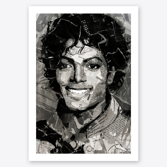 A Michael Jackson poster design - a portrait of Michael Jackson created using a collage of torn pieces of magazine pages in black and white.