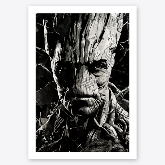 A Groot poster design - a portrait of Groot created using a collage of torn pieces of magazine pages in black and white.