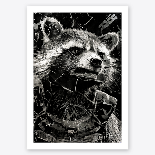 A Rocket poster design - a portrait of Rocket created using a collage of torn pieces of magazine pages in black and white.