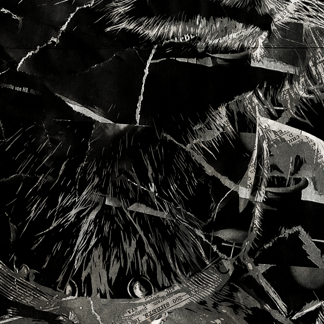 A Rocket poster design - a portrait of Rocket created using a collage of torn pieces of magazine pages in black and white.