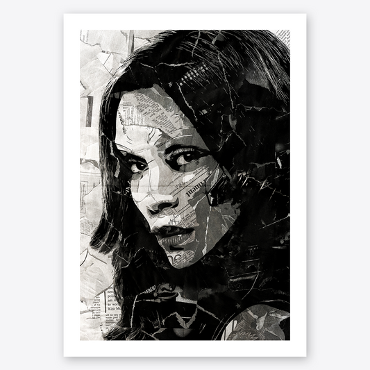 A Gamora poster design - a portrait of Gamora created using a collage of torn pieces of magazine pages in black and white.