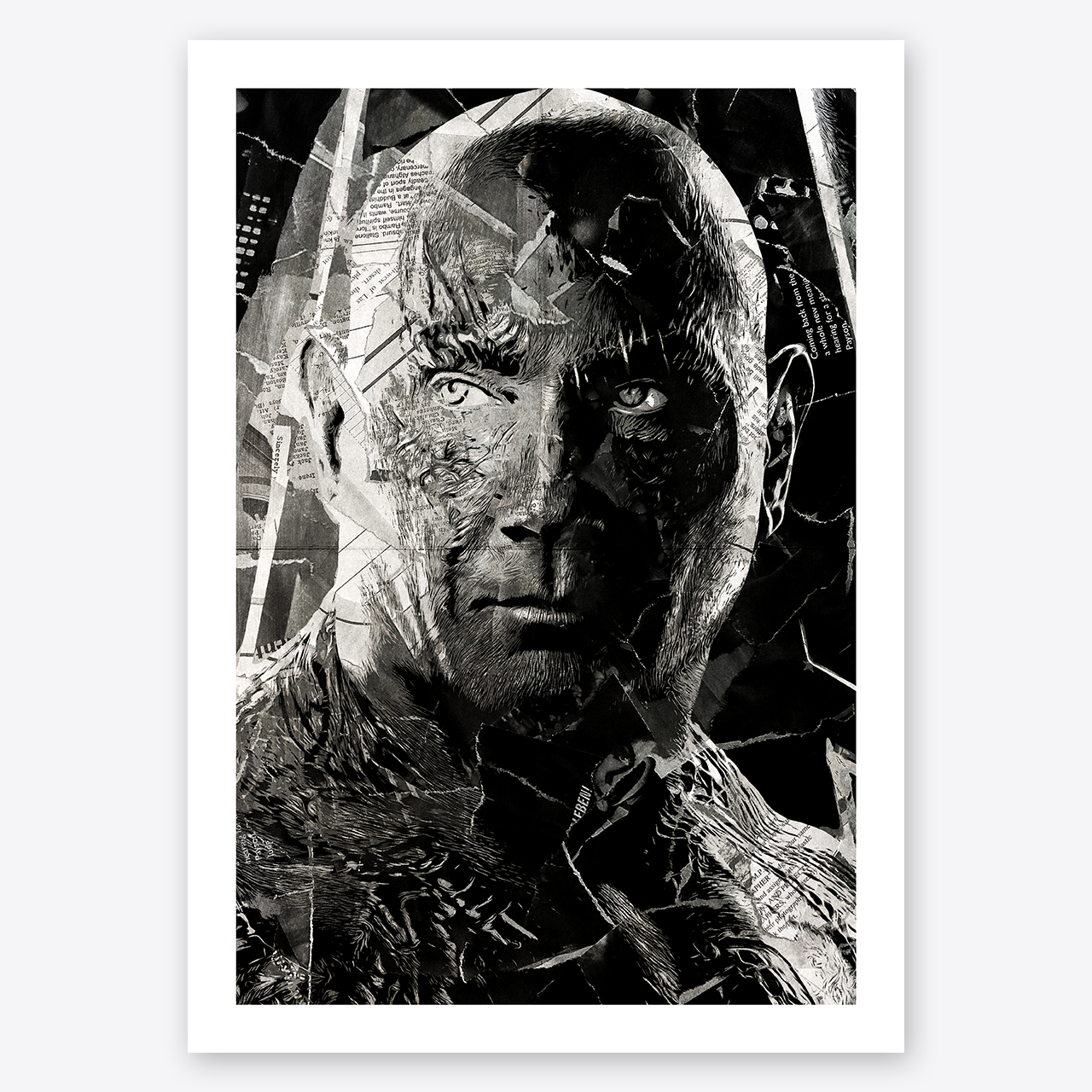 A Drax poster design - a portrait of Drax created using a collage of torn pieces of magazine pages in black and white.