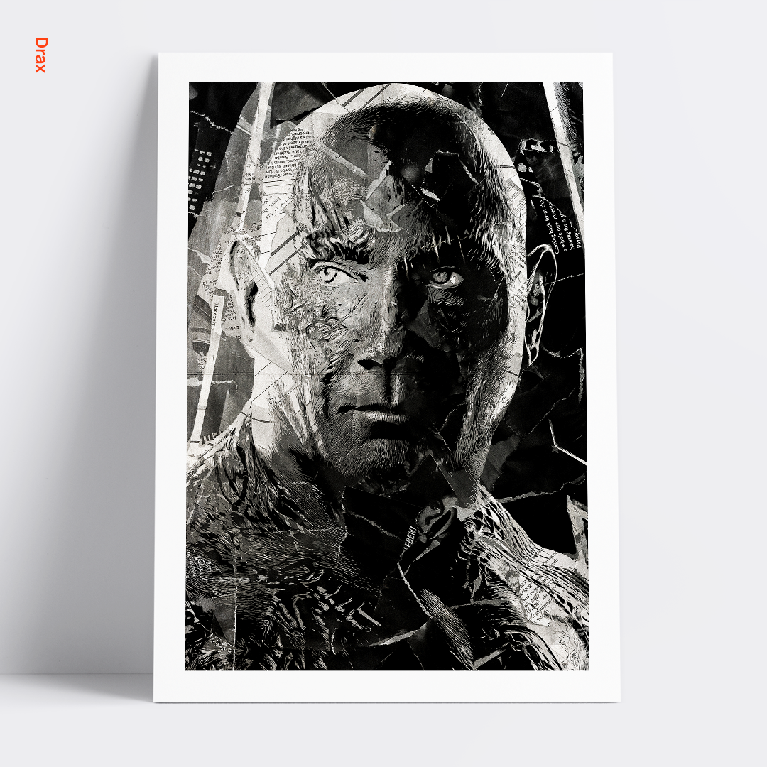 A Drax poster design - a portrait of Drax created using a collage of torn pieces of magazine pages in black and white.