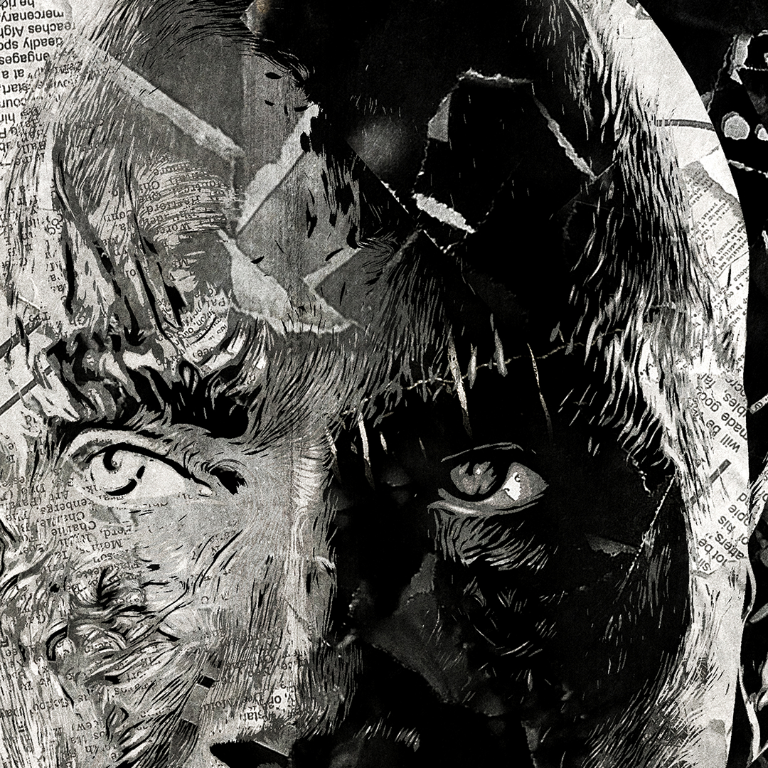 A Drax poster design - a portrait of Drax created using a collage of torn pieces of magazine pages in black and white.