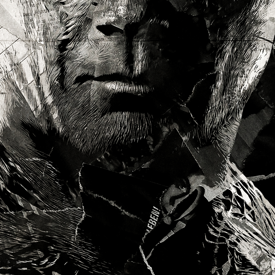 A Drax poster design - a portrait of Drax created using a collage of torn pieces of magazine pages in black and white.