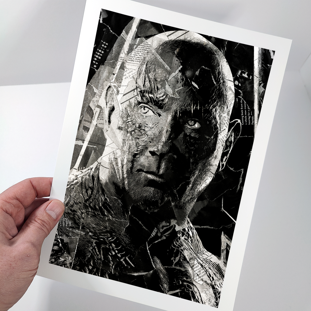 A Drax poster design - a portrait of Drax created using a collage of torn pieces of magazine pages in black and white.