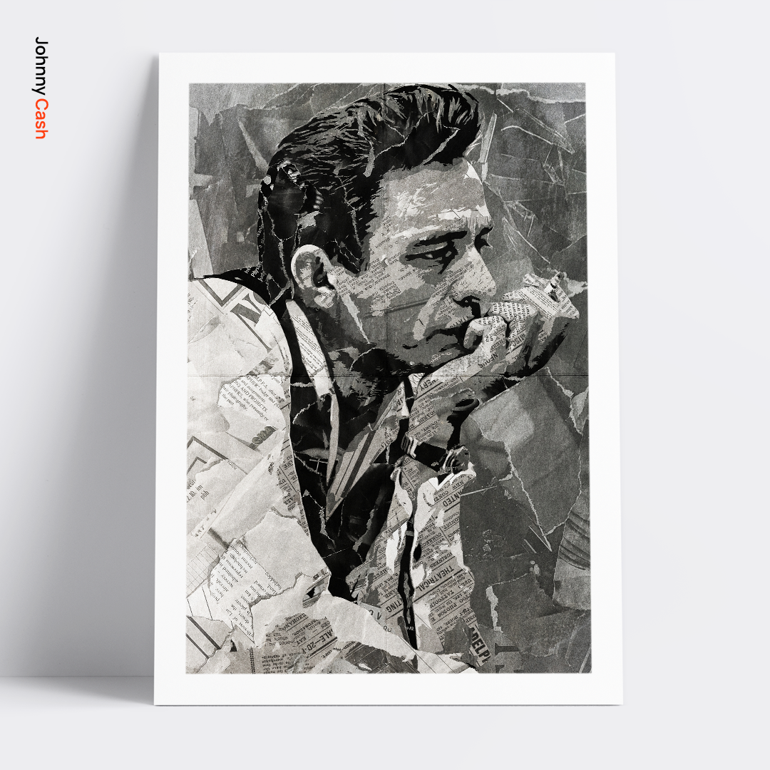 A Johnny Cash poster design - a portrait of Johnny created using a collage of torn pieces of magazine pages in black and white.