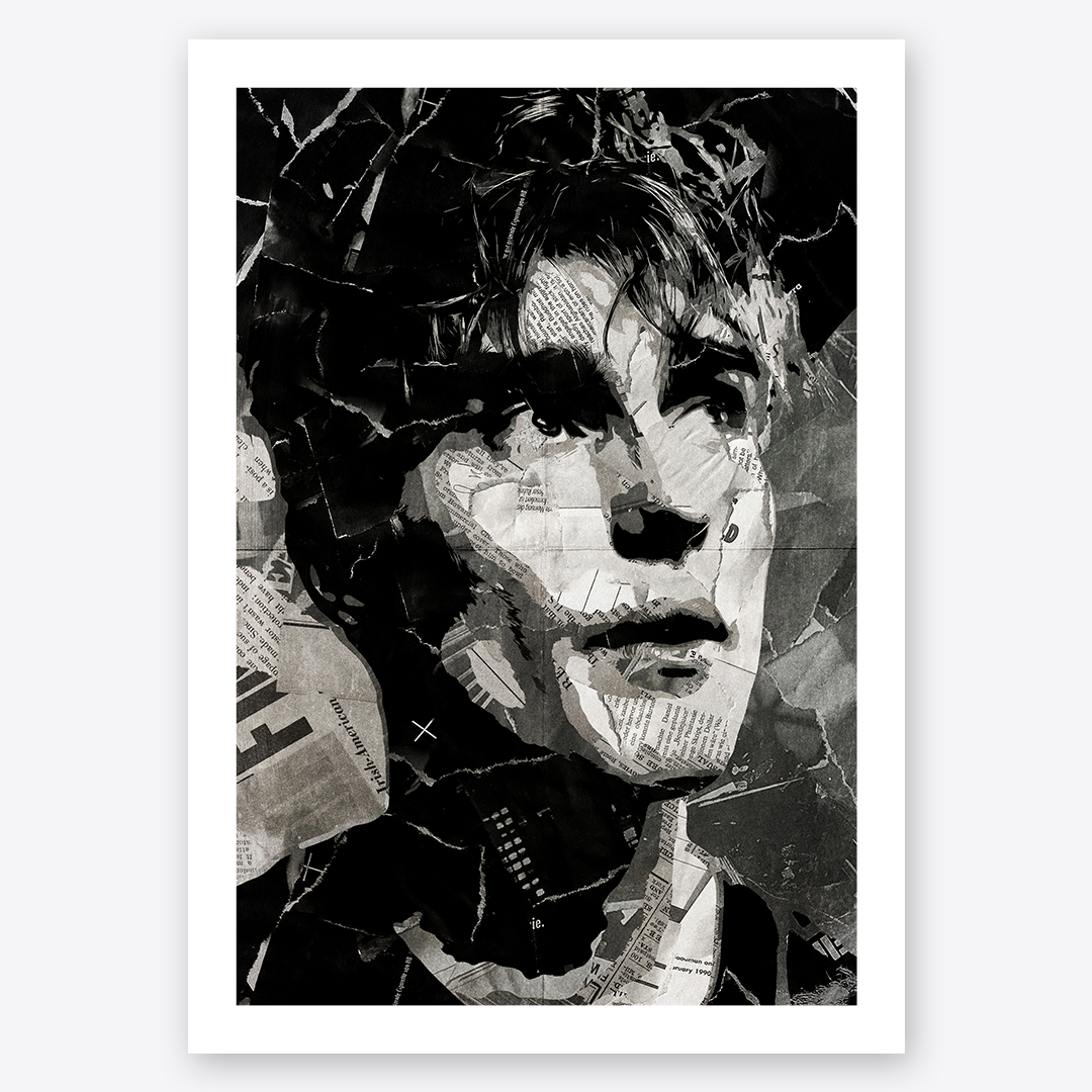 A Sam Fender poster design - a portrait of Sam made using a collage of torn pieces of magazine pages in black and white.