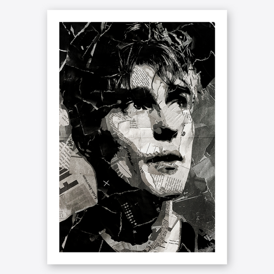 A Sam Fender poster design - a portrait of Sam made using a collage of torn pieces of magazine pages in black and white.